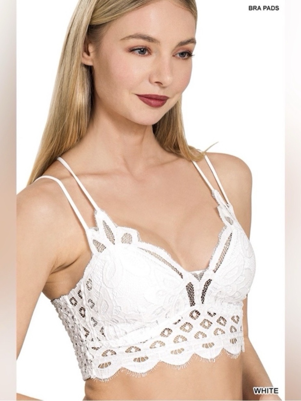 New Zenana Crochet Lace Bralette With Bra Pads Floral Pull On White Crop - Picture 5 of 6